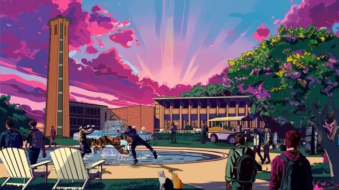 illustration of items depicting trinity university's campus, such as murchison tower, miller fountain, a nacho cart, mountain laurels, students, and buildings