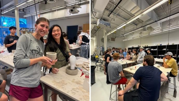 a collage of 学生 listening to instructions in a pottery studio (left) and 学生 showing off their pottery creations (right)